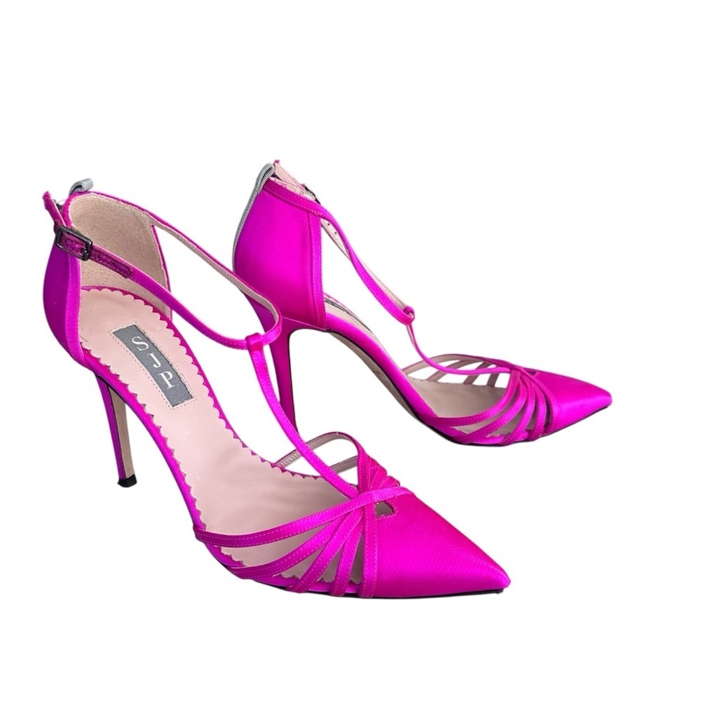SJP Sarah Jessica Parker Fuchsia Pink Satin Ankle T-Strap Heels Size 6.5 36.5